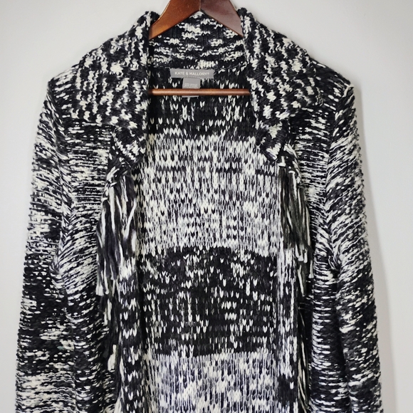 Kate & Mallory Knit Fringe Cardigan Sweater Womens Large Black White Open Boho - Picture 2 of 10